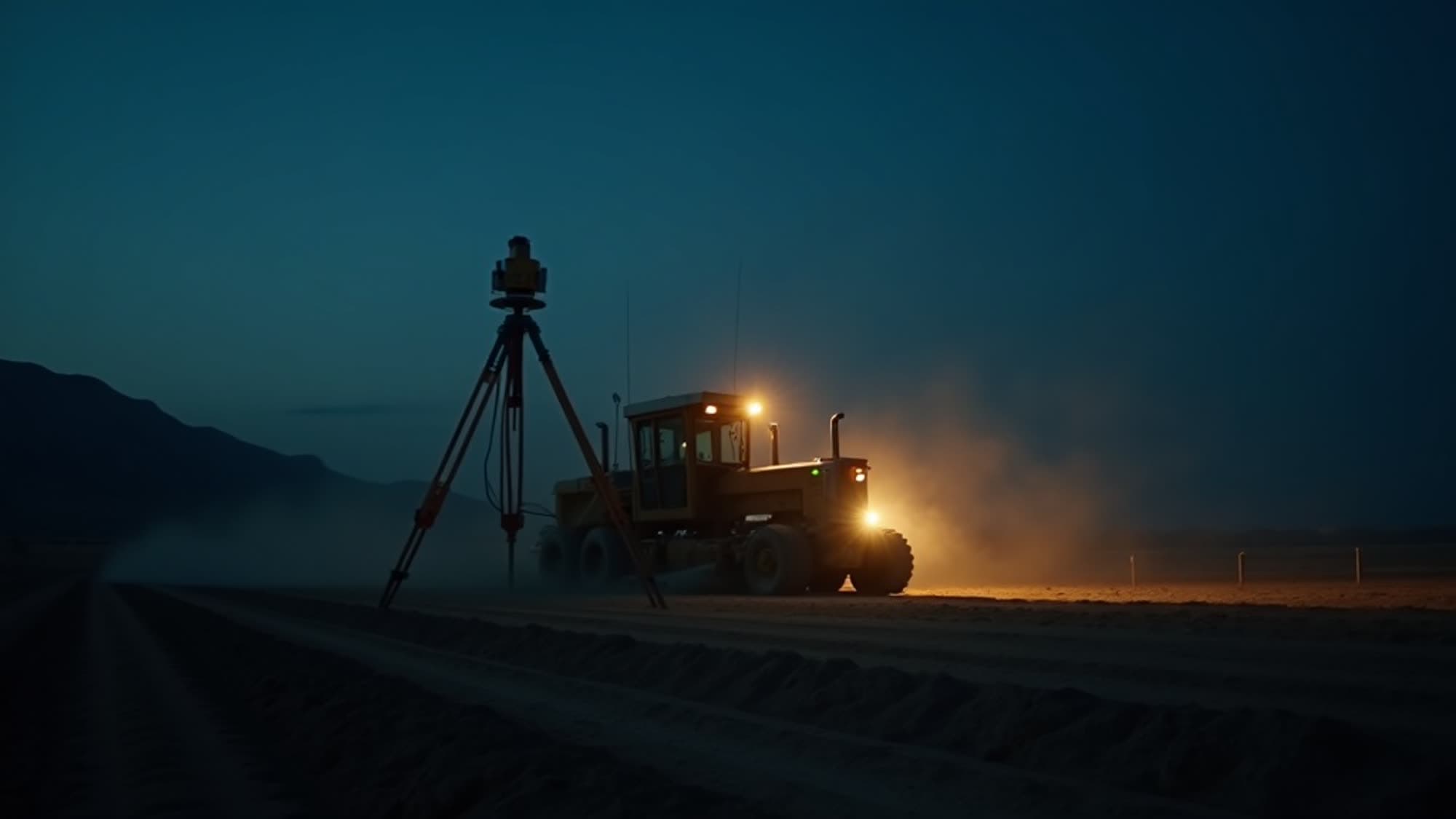 Livellatrice al lavoro al tramonto su un campo in preparazione